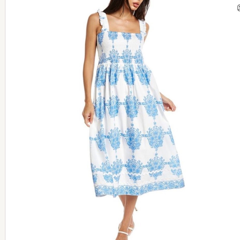Sail to Sable Smocked Midi Dress White Blue Block Print XS